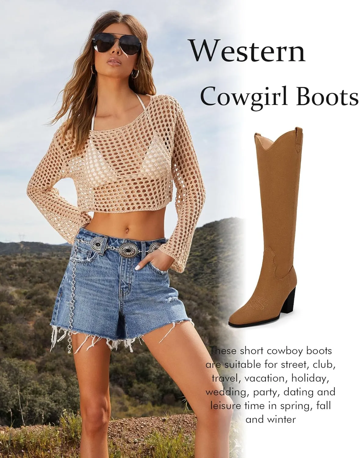 Women Cowboy Knee High Boots Chunky Block Heel Square Toe Tall Riding Boots