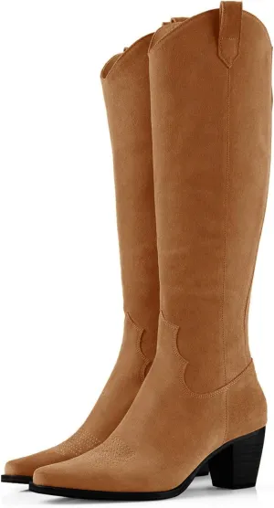 Women Cowboy Knee High Boots Chunky Block Heel Square Toe Tall Riding Boots