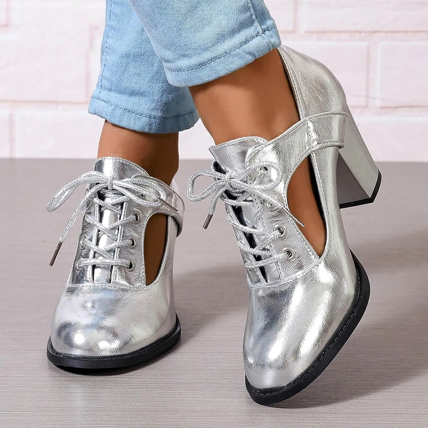Women High Heel Boots Fashionable New Pattern Vintage Chunky Heeled Metallic Lace Up Shoes Womens Yoga Sandals Size 11