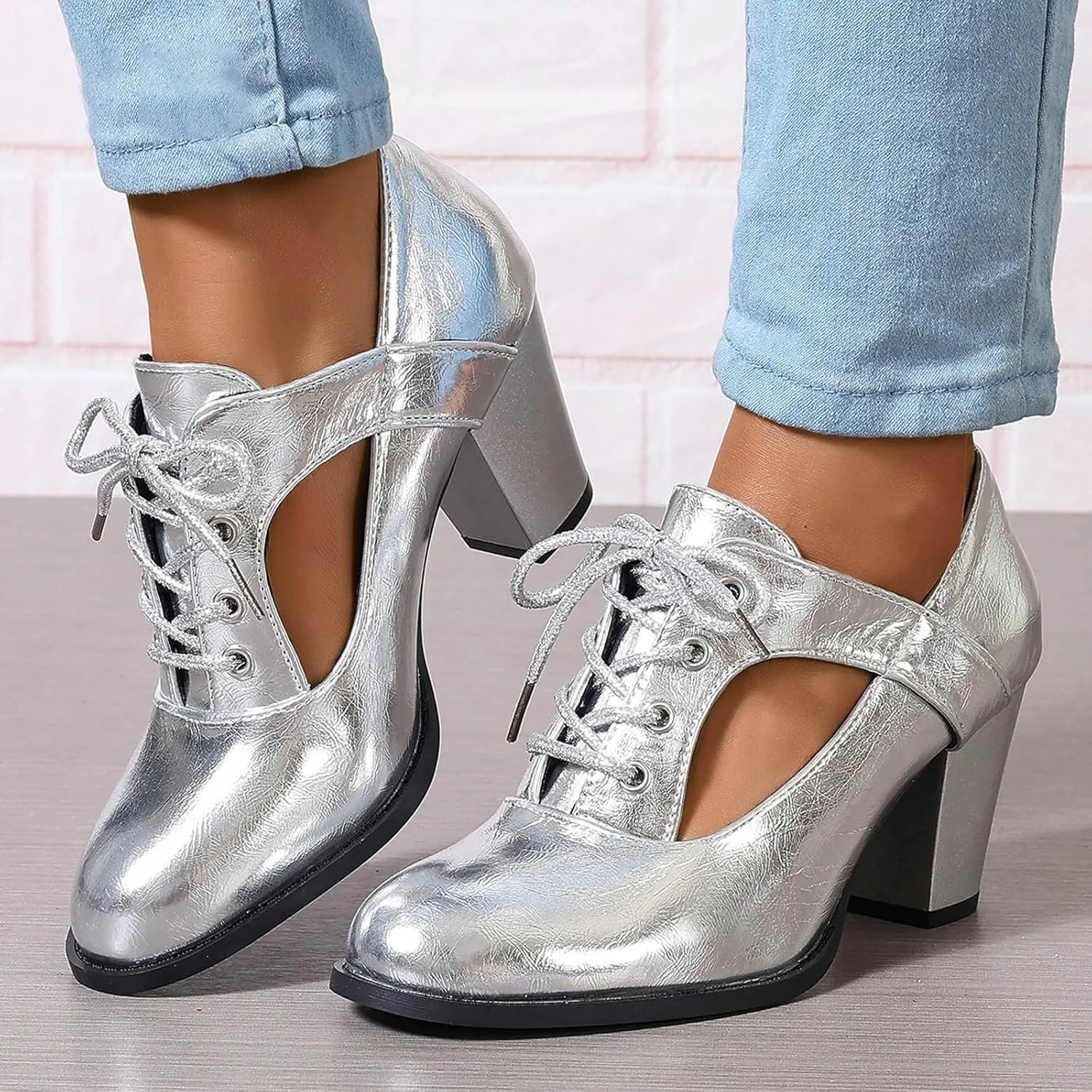Women High Heel Boots Fashionable New Pattern Vintage Chunky Heeled Metallic Lace Up Shoes Womens Yoga Sandals Size 11
