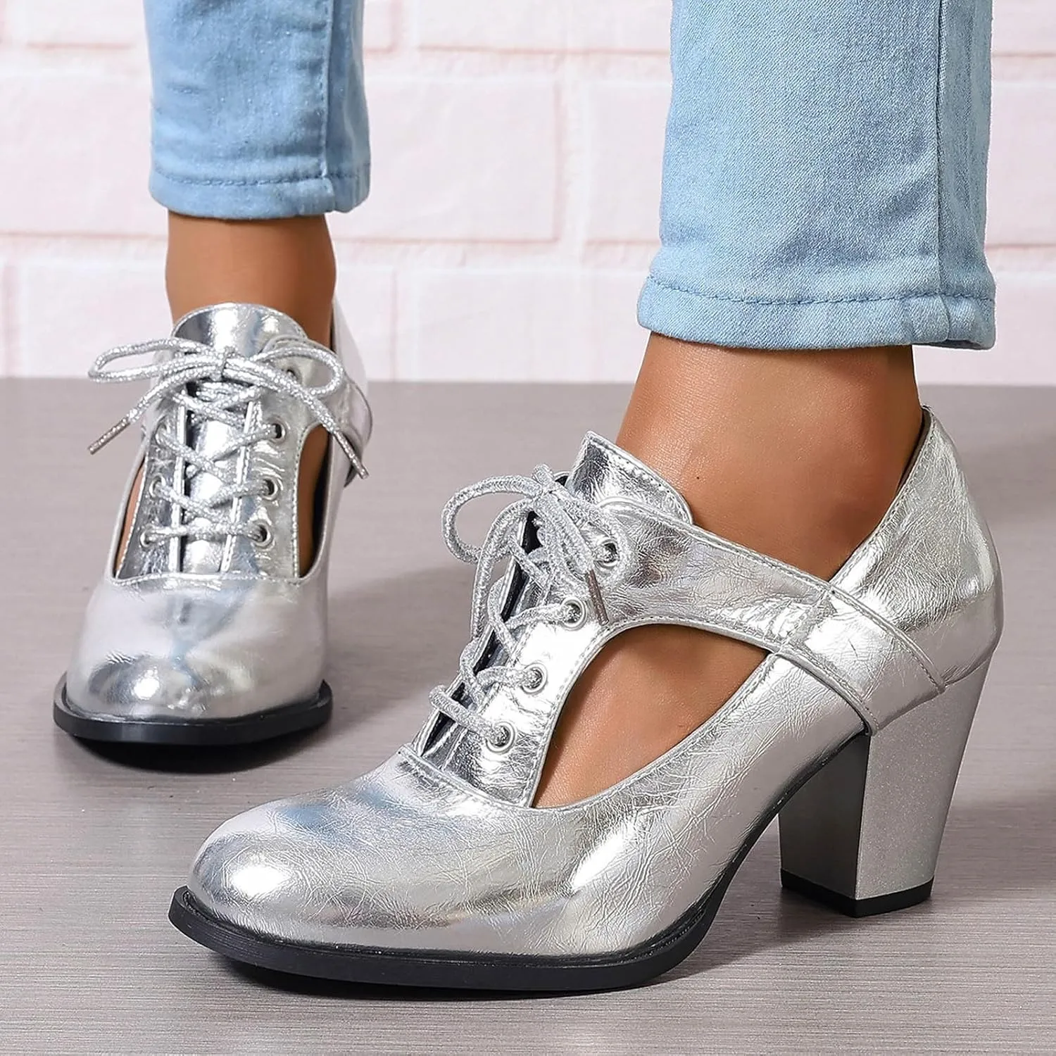 Women High Heel Boots Fashionable New Pattern Vintage Chunky Heeled Metallic Lace Up Shoes Womens Yoga Sandals Size 11