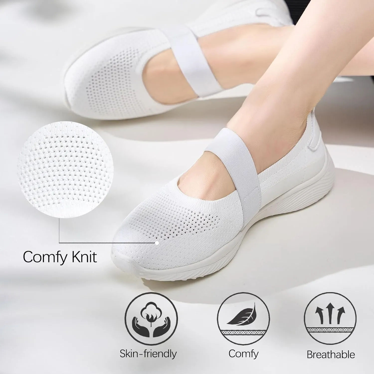 Women Mary Jane Shoes Slip On Walking Flats Comfortable Dressy Knit Washable Casual Nurse Shoe with Arch Support