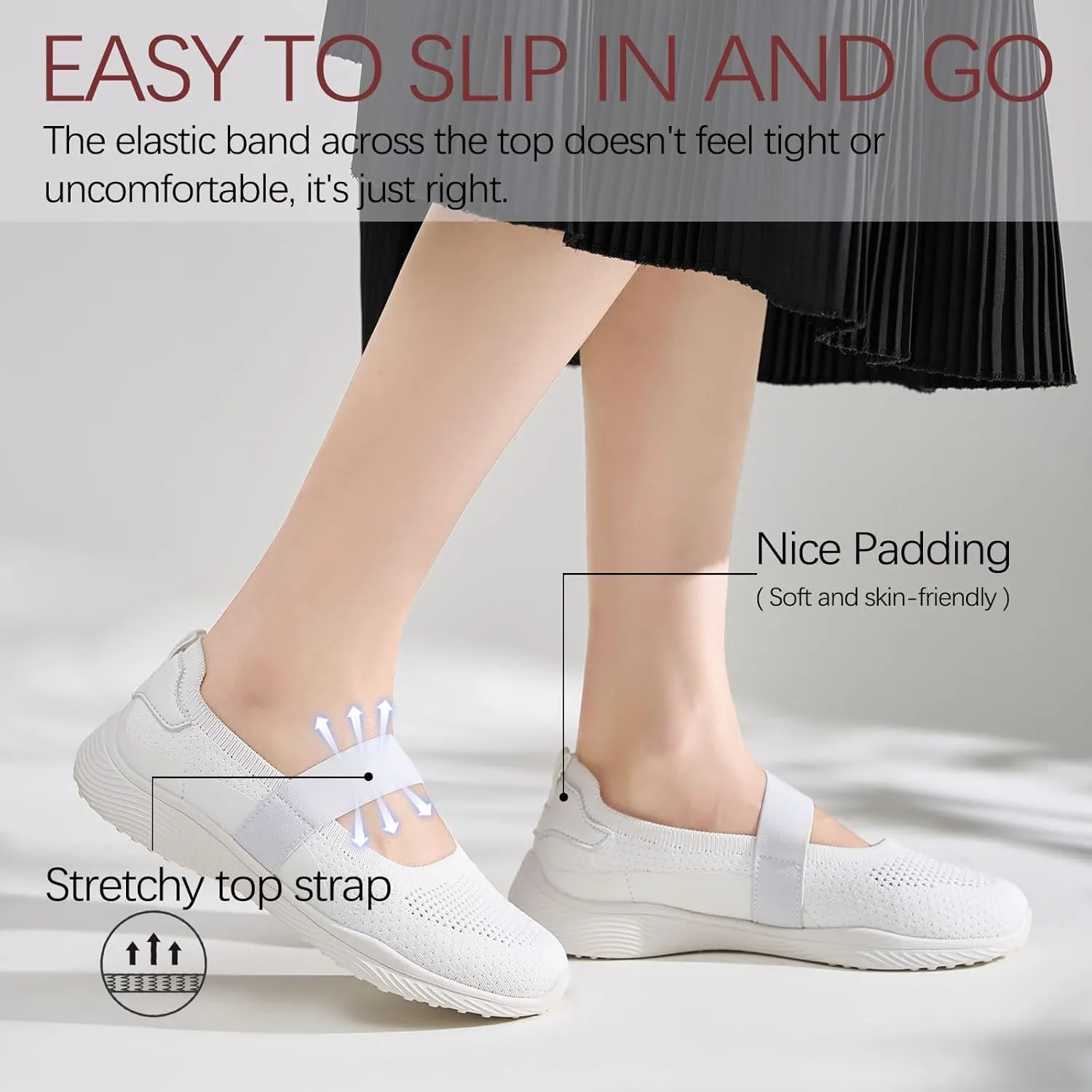 Women Mary Jane Shoes Slip On Walking Flats Comfortable Dressy Knit Washable Casual Nurse Shoe with Arch Support