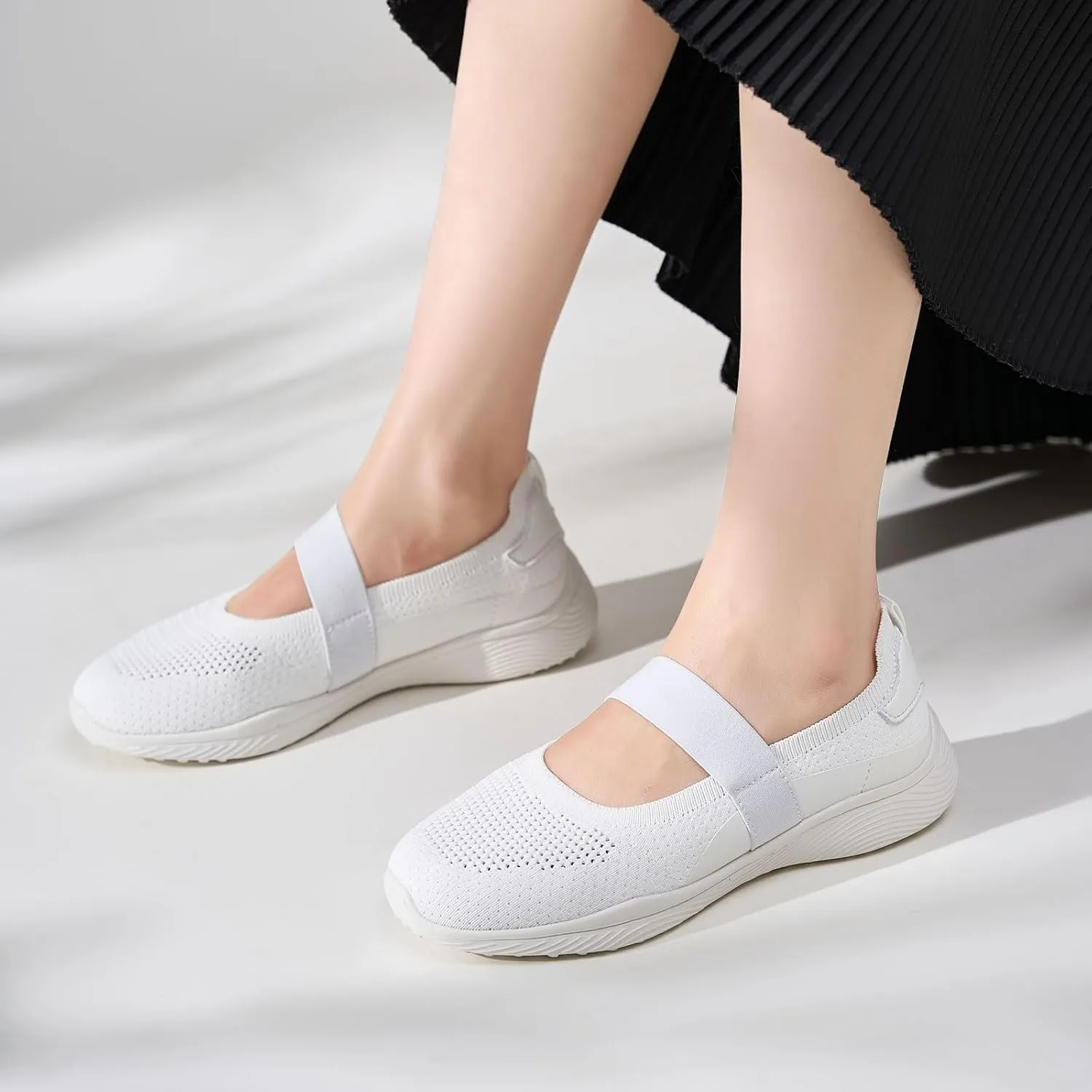 Women Mary Jane Shoes Slip On Walking Flats Comfortable Dressy Knit Washable Casual Nurse Shoe with Arch Support