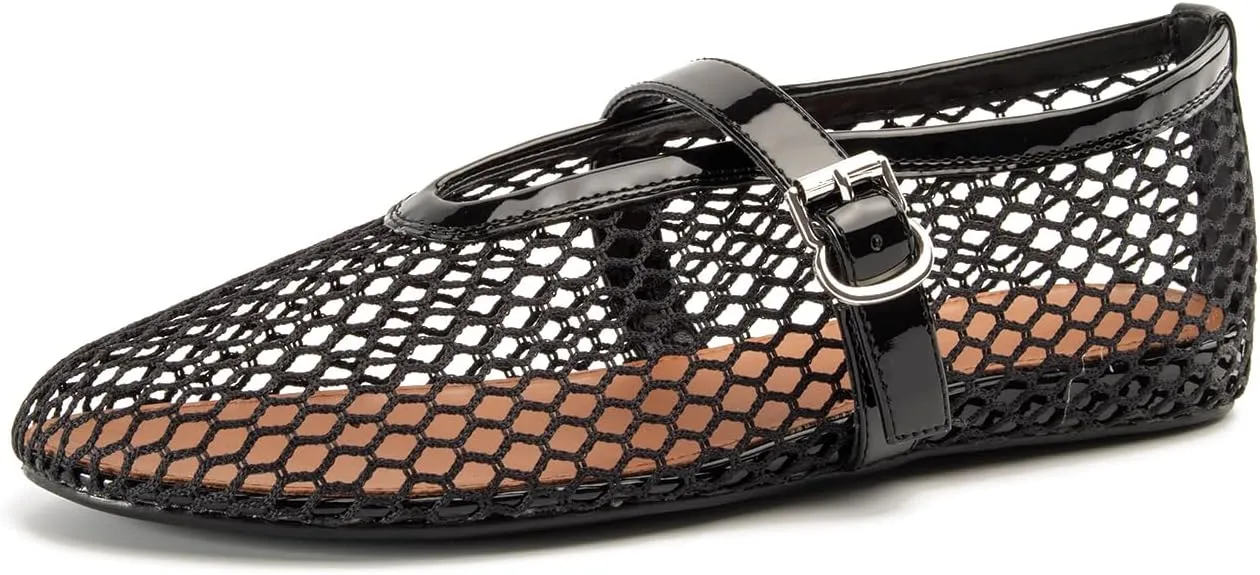 Women Mesh Flats Buckle Strap Round Toe Comfy Causal Ballet Flats Fashion Mary Jane Fishnet Ballerina Flat Shoes