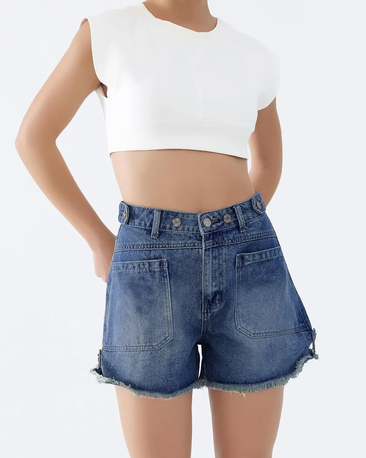 Women Mid Waist Jean Shorts Raw Hem Trendy Folded Hem Denim Short Jeans