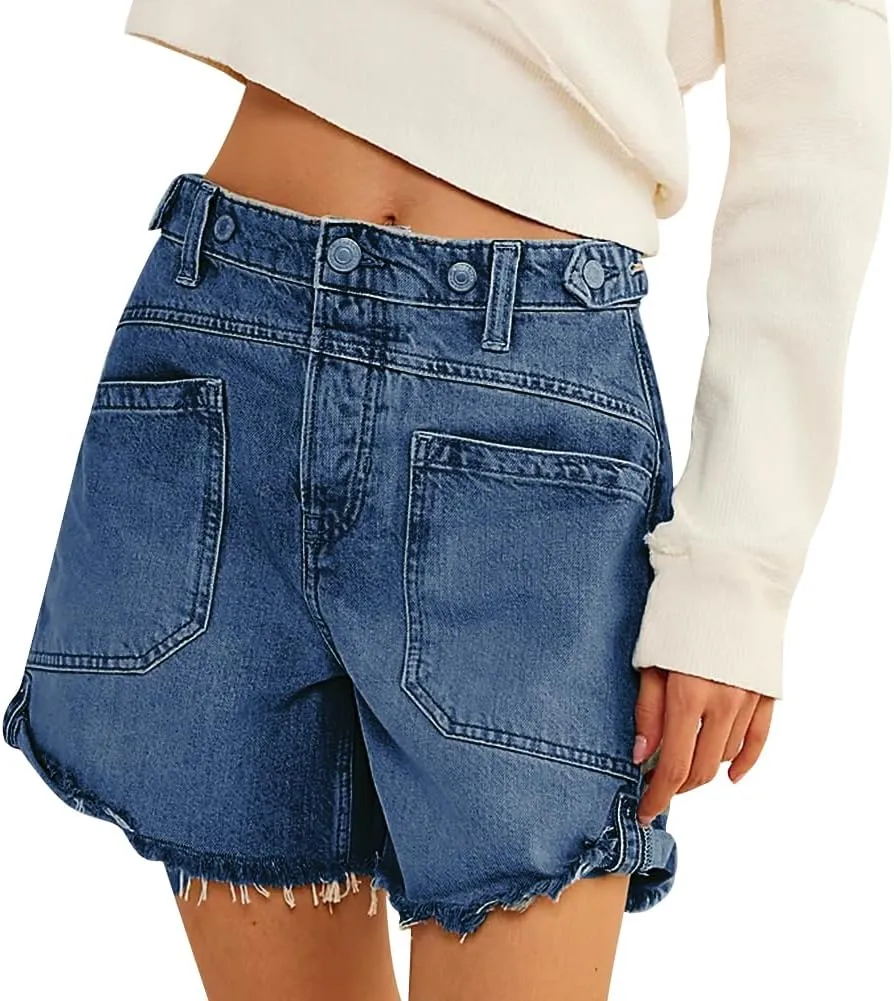 Women Mid Waist Jean Shorts Raw Hem Trendy Folded Hem Denim Short Jeans