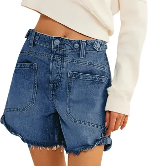 Women Mid Waist Jean Shorts Raw Hem Trendy Folded Hem Denim Short Jeans