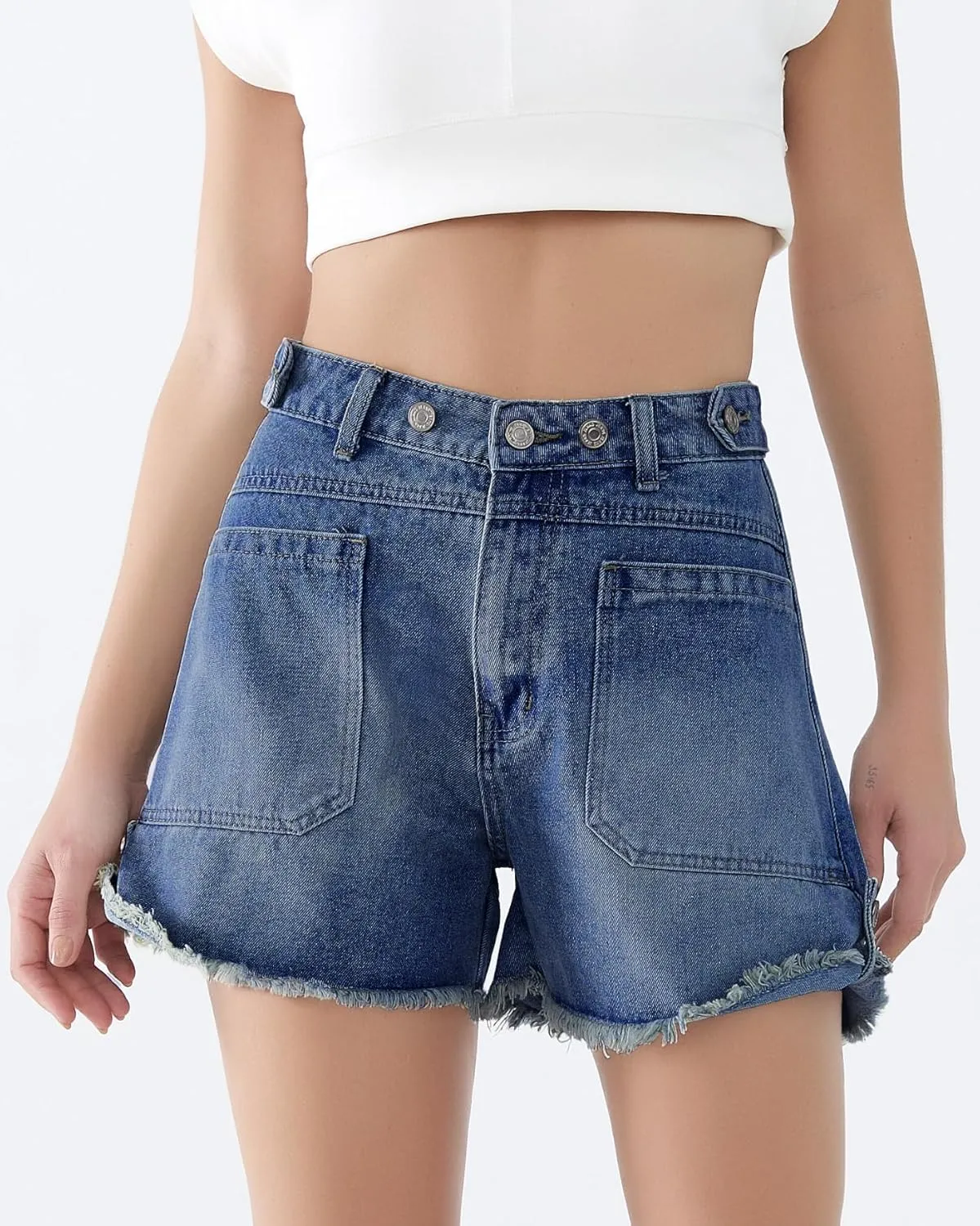 Women Mid Waist Jean Shorts Raw Hem Trendy Folded Hem Denim Short Jeans