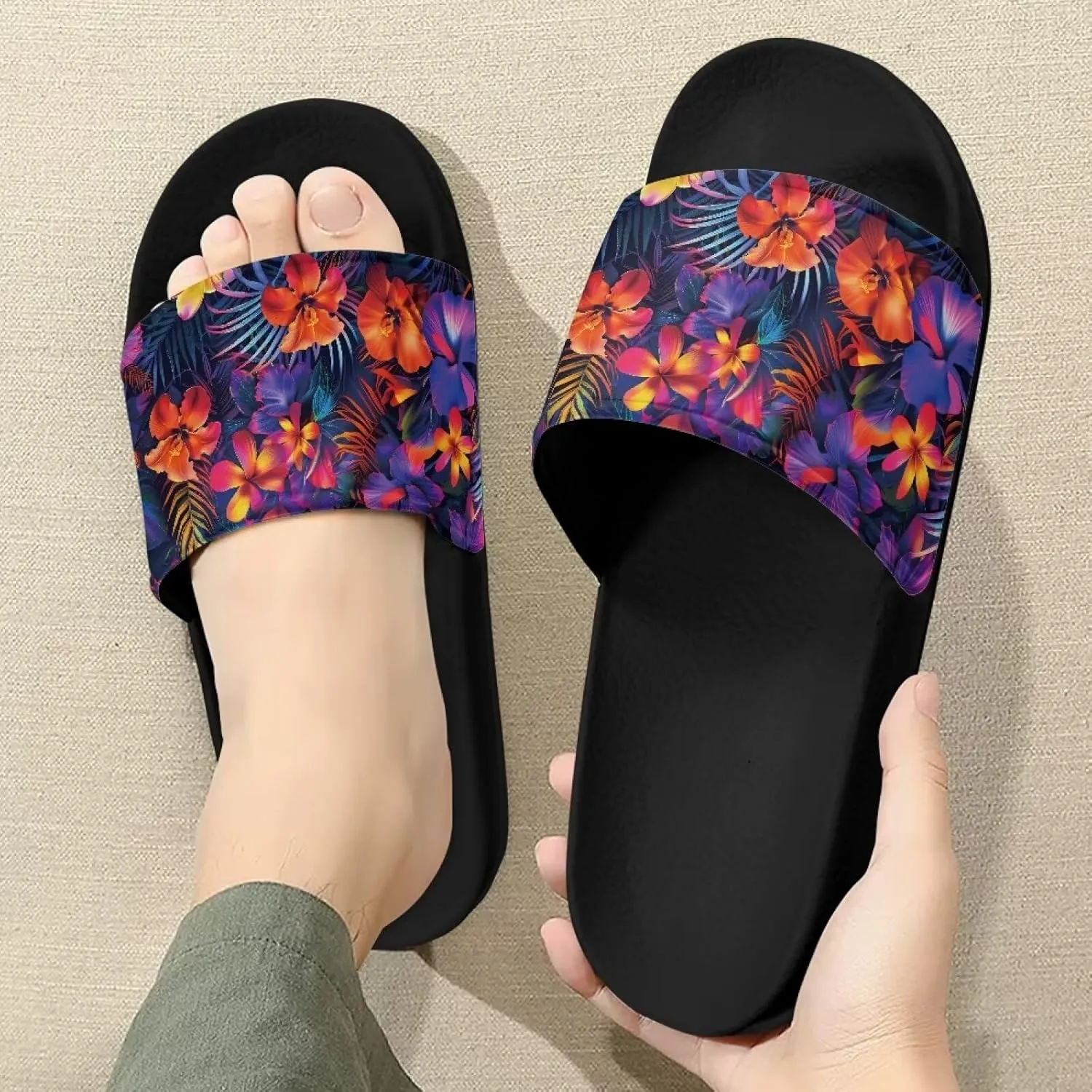 Women Sandals Slides Non-Slip Slippers Casual Black Sole Summer Shoes for College Dorm Gym Beach