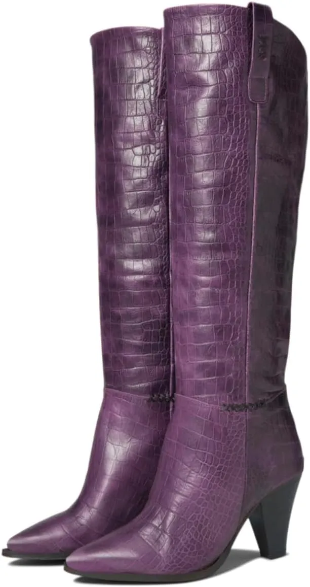Women Western Knee High Boots Chunky Stacked Heel Pointed Toe Crocodile Boots Pull On Burnished Matte Leather 3" High Cone Heels Tall Dress Boots Office Work Formal Vintage Fall 4-11 M US