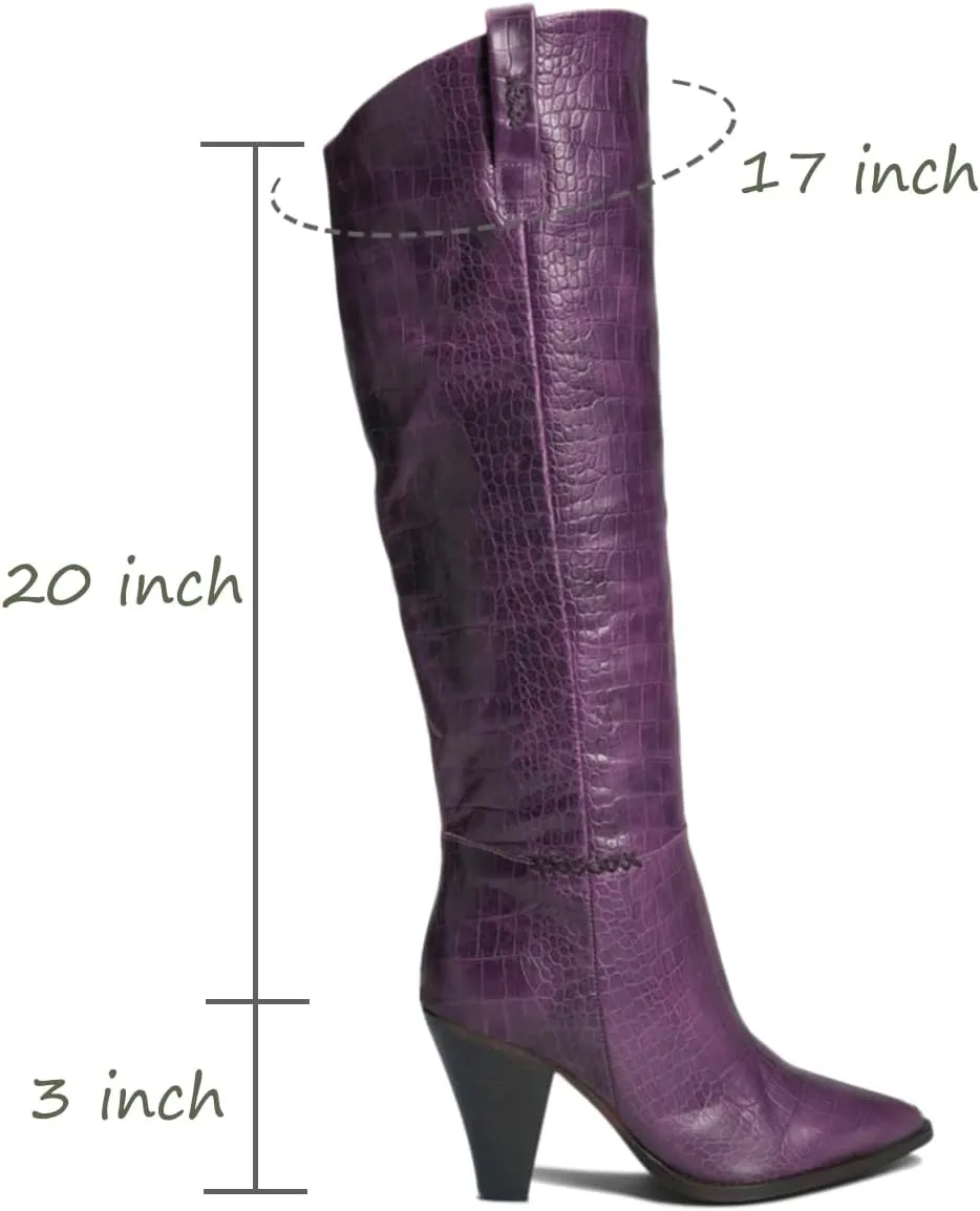 Women Western Knee High Boots Chunky Stacked Heel Pointed Toe Crocodile Boots Pull On Burnished Matte Leather 3" High Cone Heels Tall Dress Boots Office Work Formal Vintage Fall 4-11 M US