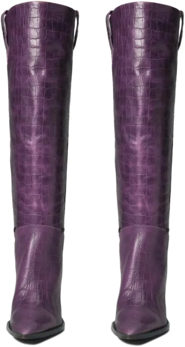 Women Western Knee High Boots Chunky Stacked Heel Pointed Toe Crocodile Boots Pull On Burnished Matte Leather 3" High Cone Heels Tall Dress Boots Office Work Formal Vintage Fall 4-11 M US
