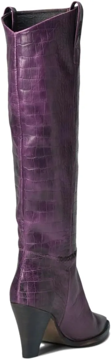 Women Western Knee High Boots Chunky Stacked Heel Pointed Toe Crocodile Boots Pull On Burnished Matte Leather 3" High Cone Heels Tall Dress Boots Office Work Formal Vintage Fall 4-11 M US