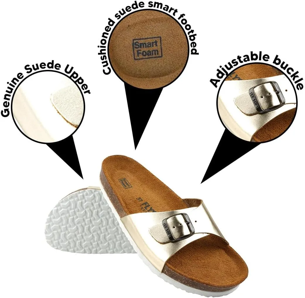Women's 100% Genuine Leather Sandals - Comfortable Smart Foam Footbed, Slip-On Slides for Summer Wear, Adjustable Fit and Durable Non-Slip Sole