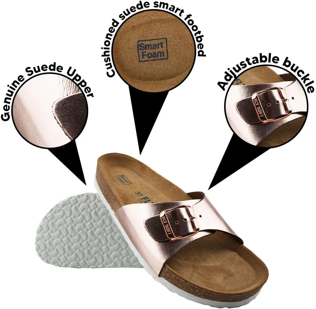 Women's 100% Genuine Leather Sandals - Comfortable Smart Foam Footbed, Slip-On Slides for Summer Wear, Adjustable Fit and Durable Non-Slip Sole