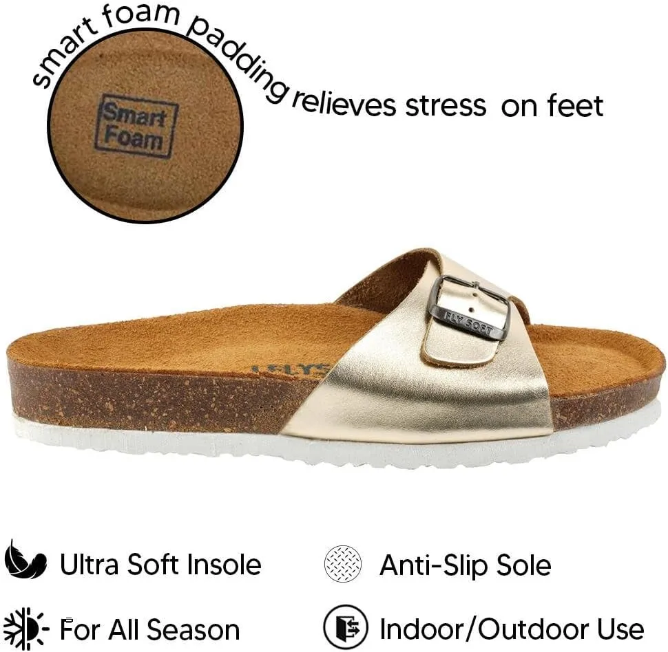 Women's 100% Genuine Leather Sandals - Comfortable Smart Foam Footbed, Slip-On Slides for Summer Wear, Adjustable Fit and Durable Non-Slip Sole
