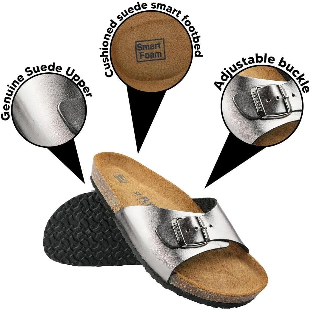 Women's 100% Genuine Leather Sandals - Comfortable Smart Foam Footbed, Slip-On Slides for Summer Wear, Adjustable Fit and Durable Non-Slip Sole