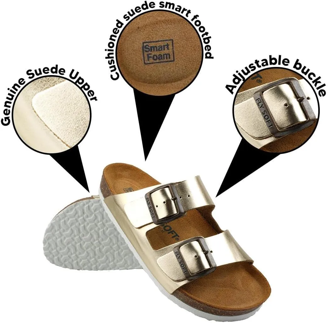 Women's 100% Genuine Leather Sandals - Comfortable Smart Foam Footbed, Slip-On Slides for Summer Wear, Adjustable Fit and Durable Non-Slip Sole