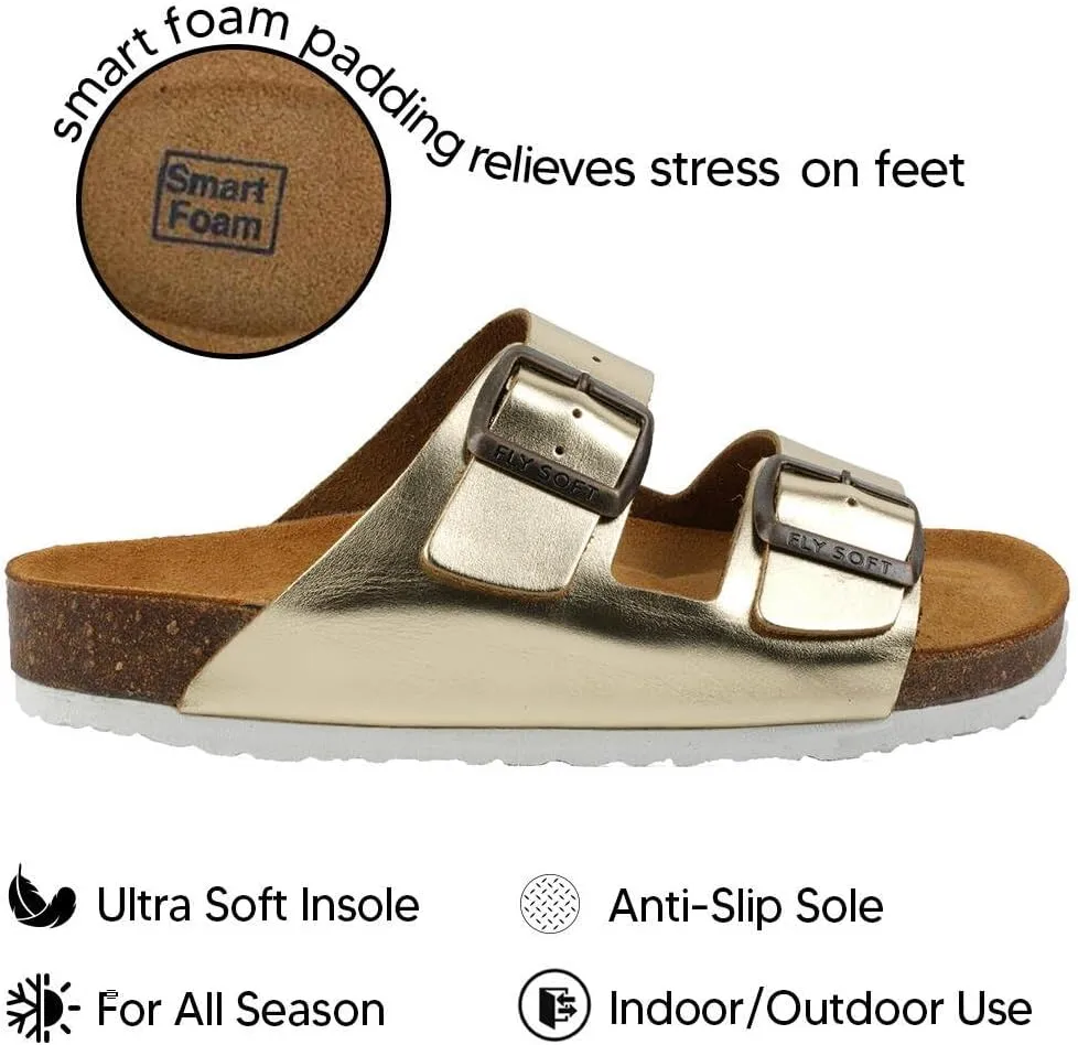 Women's 100% Genuine Leather Sandals - Comfortable Smart Foam Footbed, Slip-On Slides for Summer Wear, Adjustable Fit and Durable Non-Slip Sole