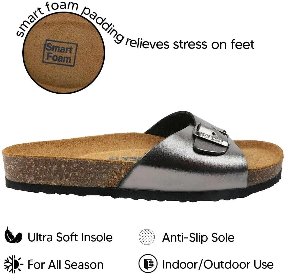 Women's 100% Genuine Leather Sandals - Comfortable Smart Foam Footbed, Slip-On Slides for Summer Wear, Adjustable Fit and Durable Non-Slip Sole