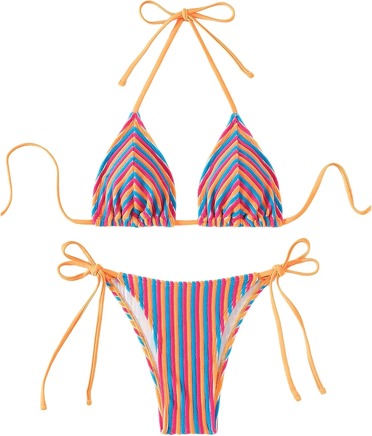 Women's 2 Piece Bikini Sets Halter Tie Side Triangle Swimsuit Striped Bathing Suit