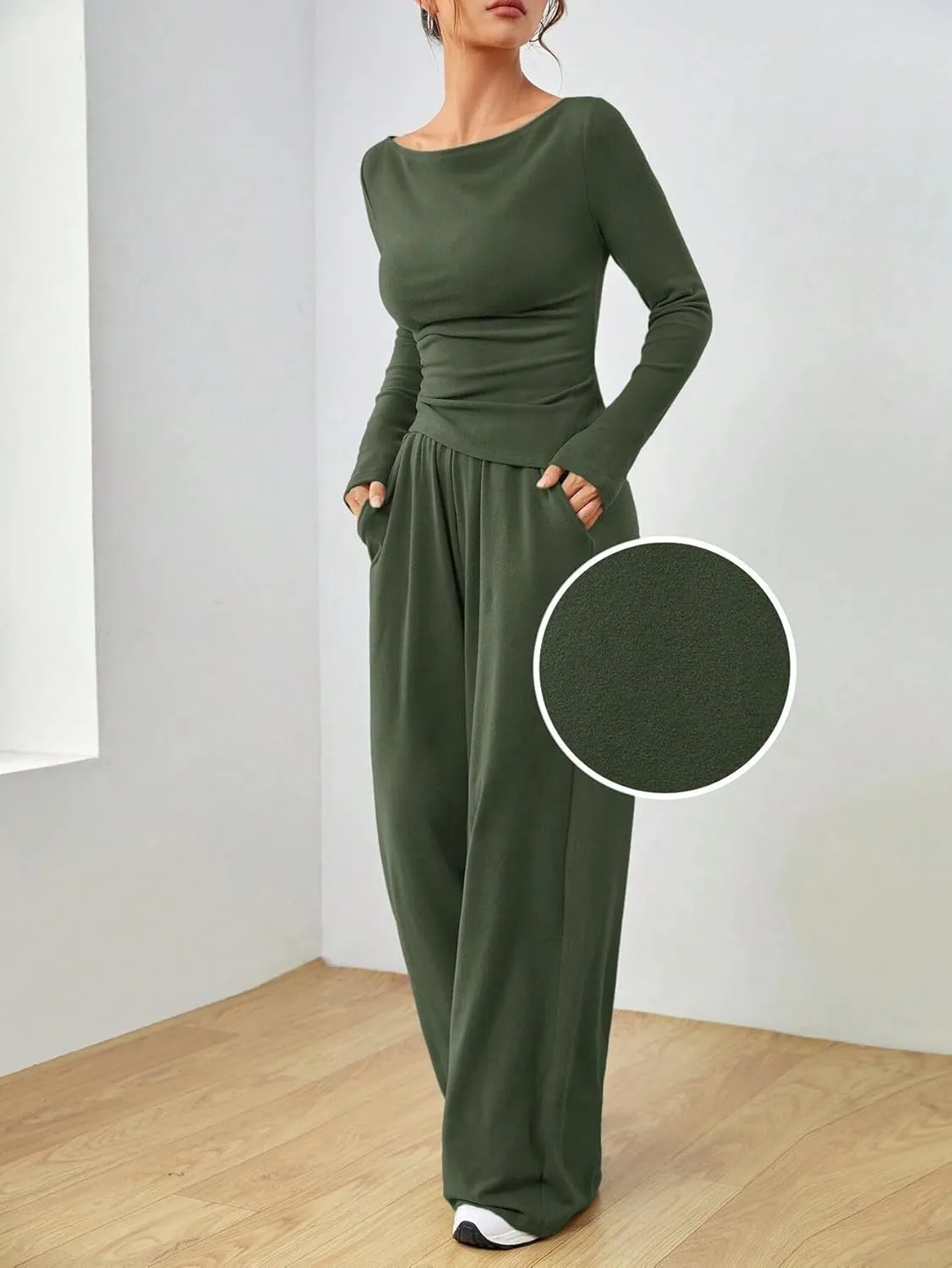 Women's 2 Piece Lounge Set Long Sleeve Pants Set Wide Leg Casual Outfits Pajama Sweatsuits Tracksuits