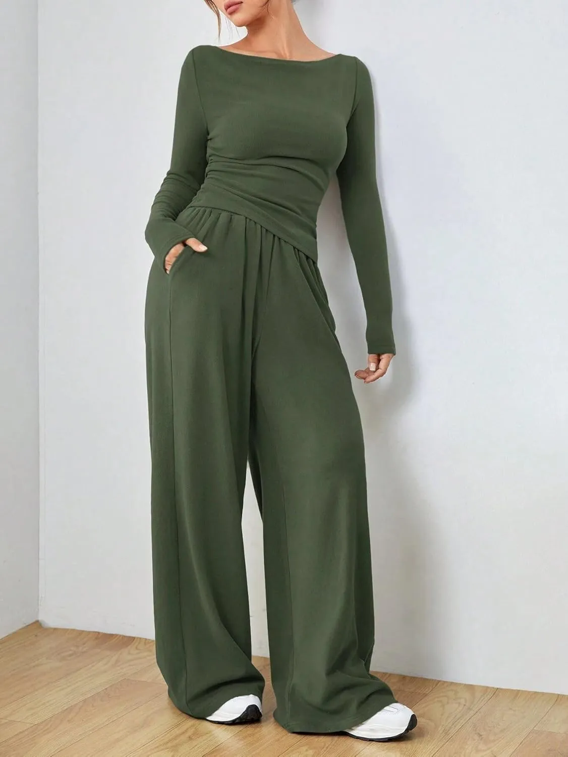 Women's 2 Piece Lounge Set Long Sleeve Pants Set Wide Leg Casual Outfits Pajama Sweatsuits Tracksuits