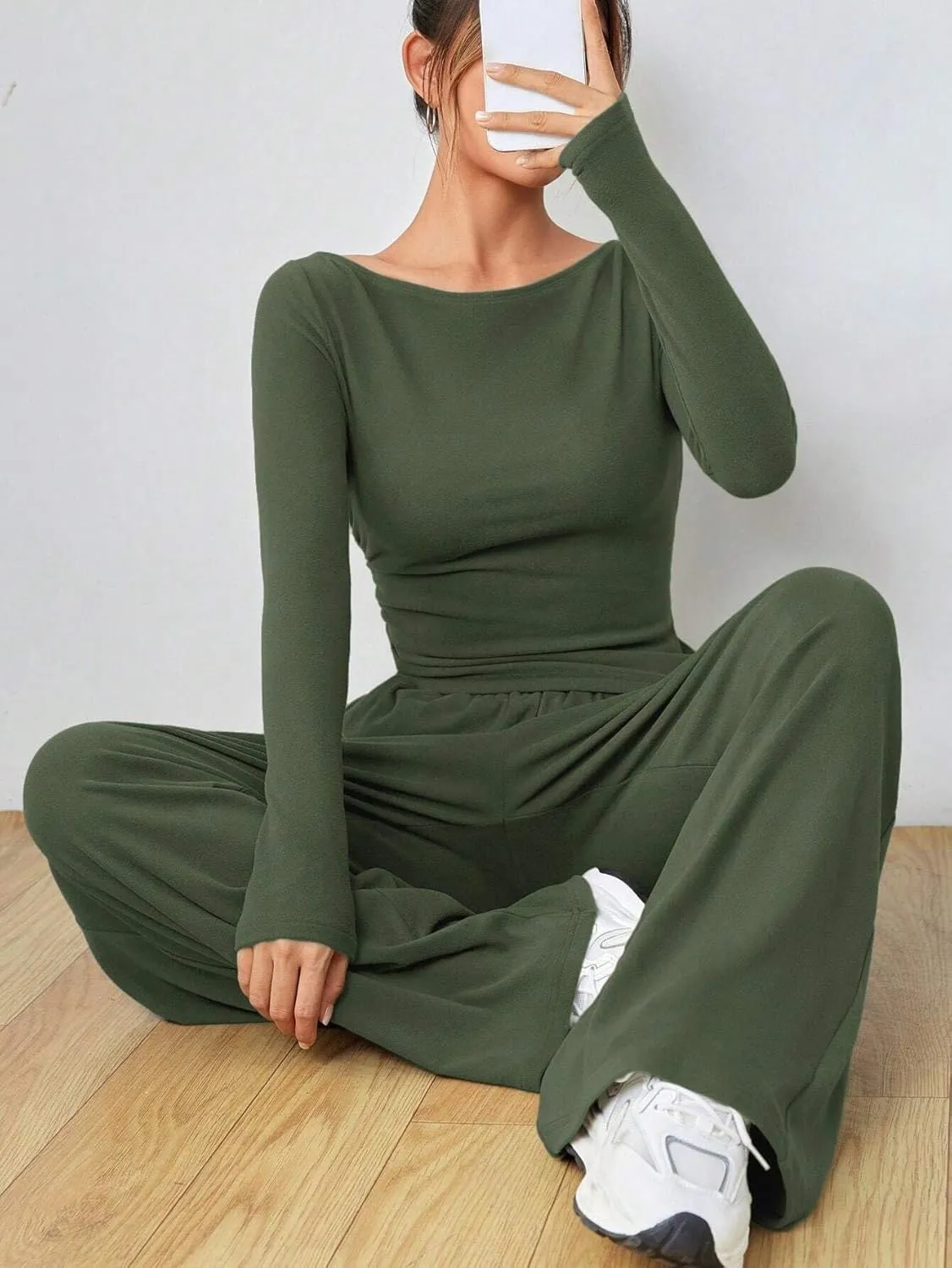 Women's 2 Piece Lounge Set Long Sleeve Pants Set Wide Leg Casual Outfits Pajama Sweatsuits Tracksuits