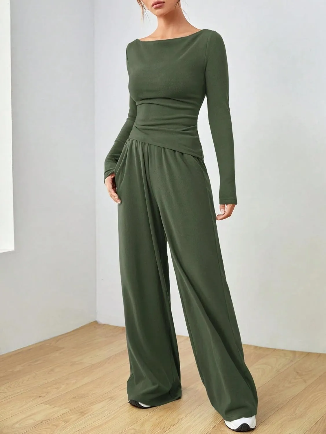 Women's 2 Piece Lounge Set Long Sleeve Pants Set Wide Leg Casual Outfits Pajama Sweatsuits Tracksuits