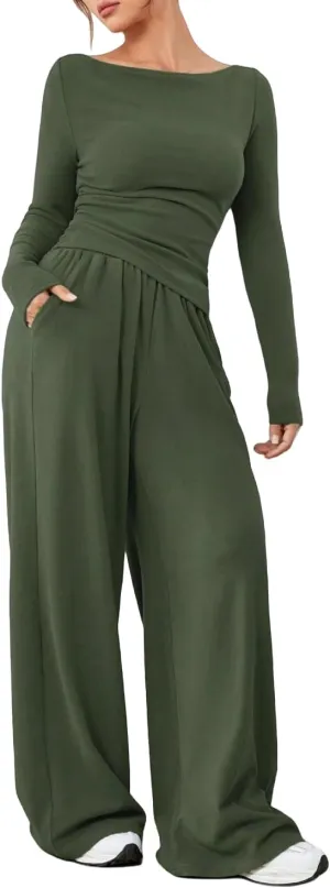 Women's 2 Piece Lounge Set Long Sleeve Pants Set Wide Leg Casual Outfits Pajama Sweatsuits Tracksuits