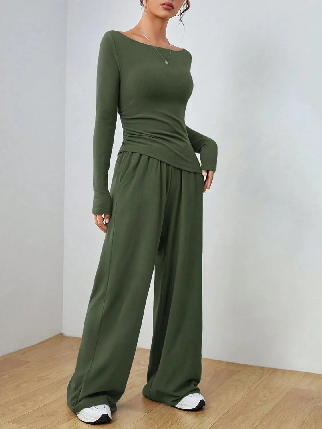 Women's 2 Piece Lounge Set Long Sleeve Pants Set Wide Leg Casual Outfits Pajama Sweatsuits Tracksuits