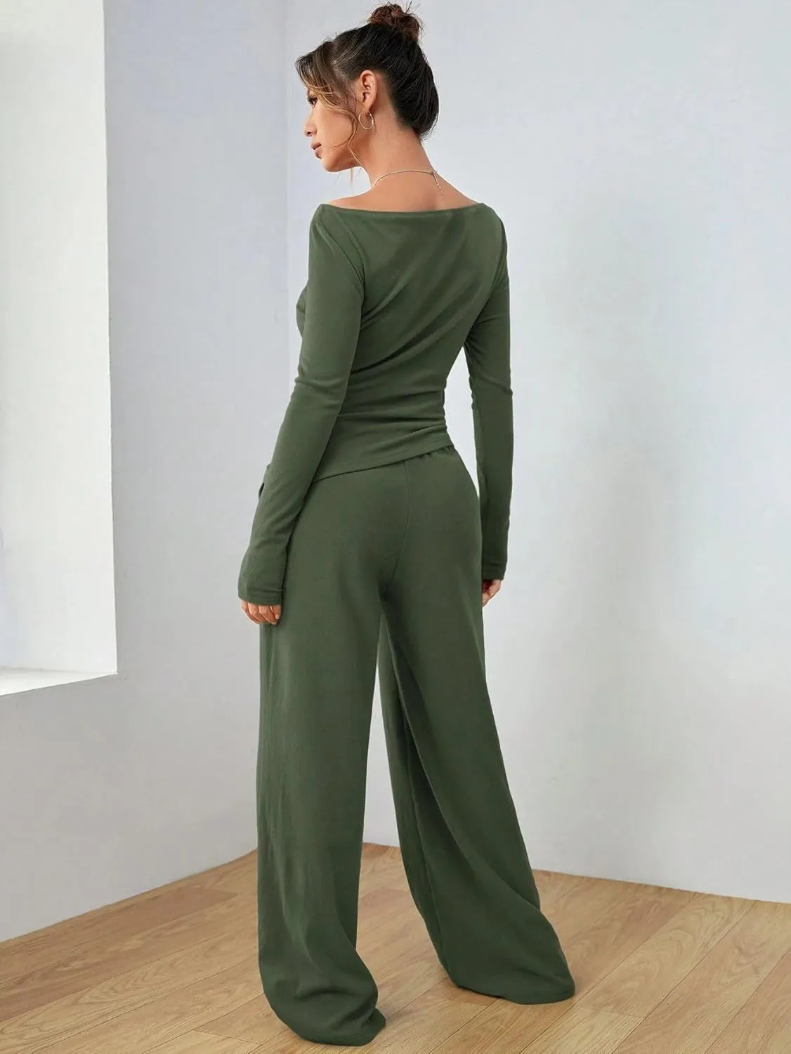 Women's 2 Piece Lounge Set Long Sleeve Pants Set Wide Leg Casual Outfits Pajama Sweatsuits Tracksuits