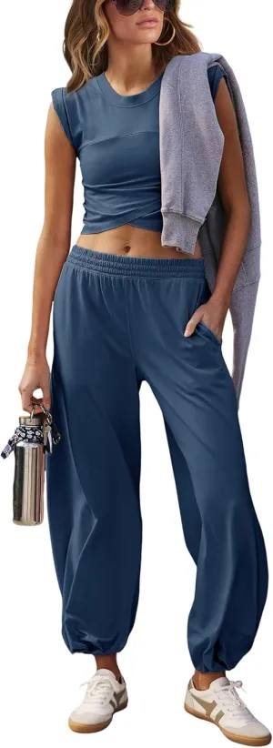 Womens 2 Piece Sweatsuits Sets Casual Workout Cropped Tee Top High Rise Sweatpants Athletic Tracksuits