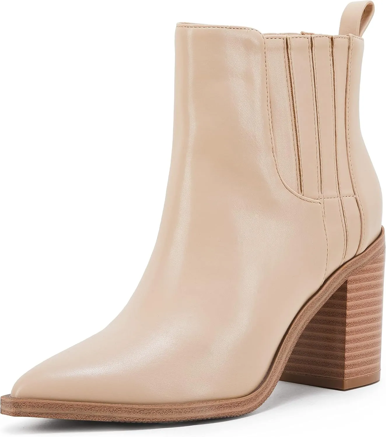 Womens Ankle Boots Slip on Pointed Toe Chunky Block Mid Heel Leather Elastic Panel Casual Chelsea Western Booties