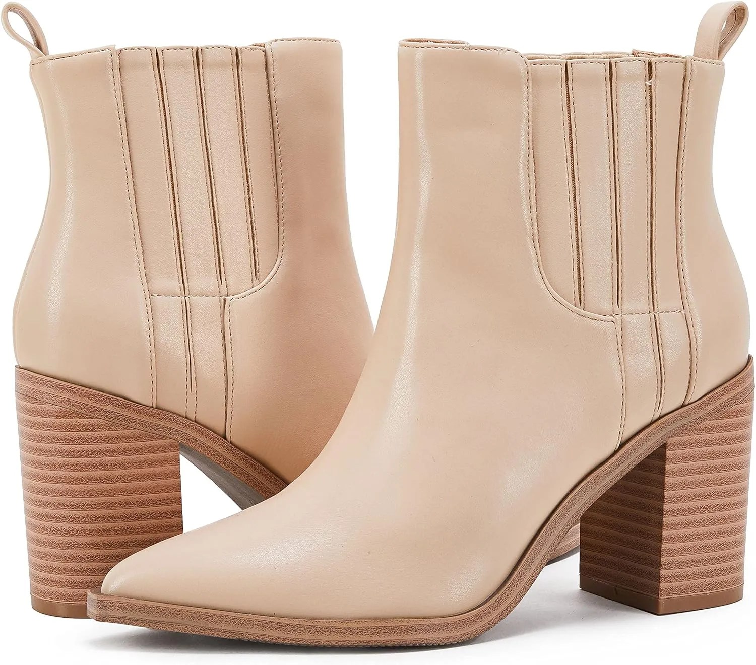 Womens Ankle Boots Slip on Pointed Toe Chunky Block Mid Heel Leather Elastic Panel Casual Chelsea Western Booties