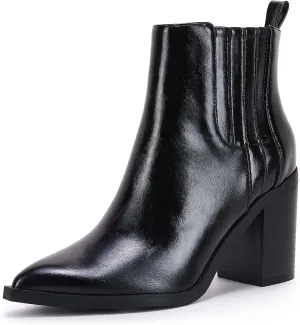 Womens Ankle Boots Slip on Pointed Toe Chunky Block Mid Heel Leather Elastic Panel Casual Chelsea Western Booties