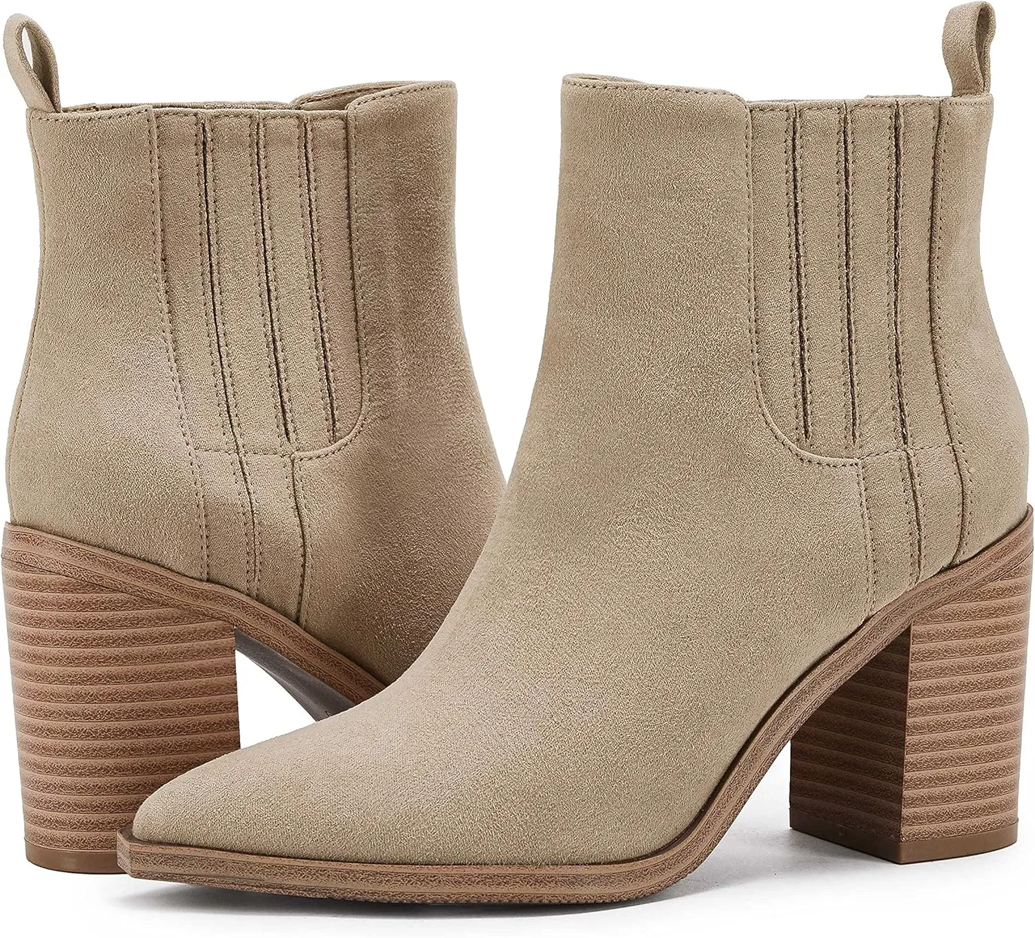 Womens Ankle Boots Slip on Pointed Toe Chunky Block Mid Heel Leather Elastic Panel Casual Chelsea Western Booties
