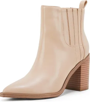 Womens Ankle Boots Slip on Pointed Toe Chunky Block Mid Heel Leather Elastic Panel Casual Chelsea Western Booties