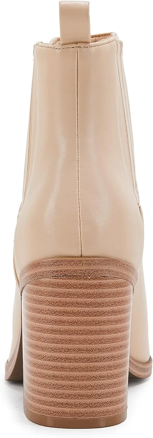 Womens Ankle Boots Slip on Pointed Toe Chunky Block Mid Heel Leather Elastic Panel Casual Chelsea Western Booties
