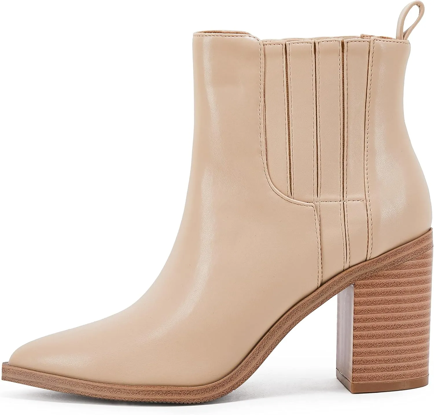 Womens Ankle Boots Slip on Pointed Toe Chunky Block Mid Heel Leather Elastic Panel Casual Chelsea Western Booties