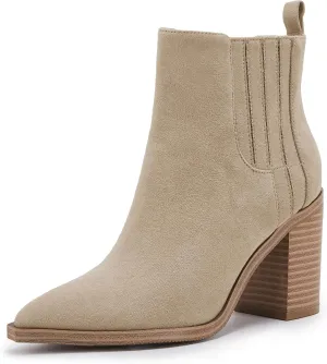 Womens Ankle Boots Slip on Pointed Toe Chunky Block Mid Heel Leather Elastic Panel Casual Chelsea Western Booties