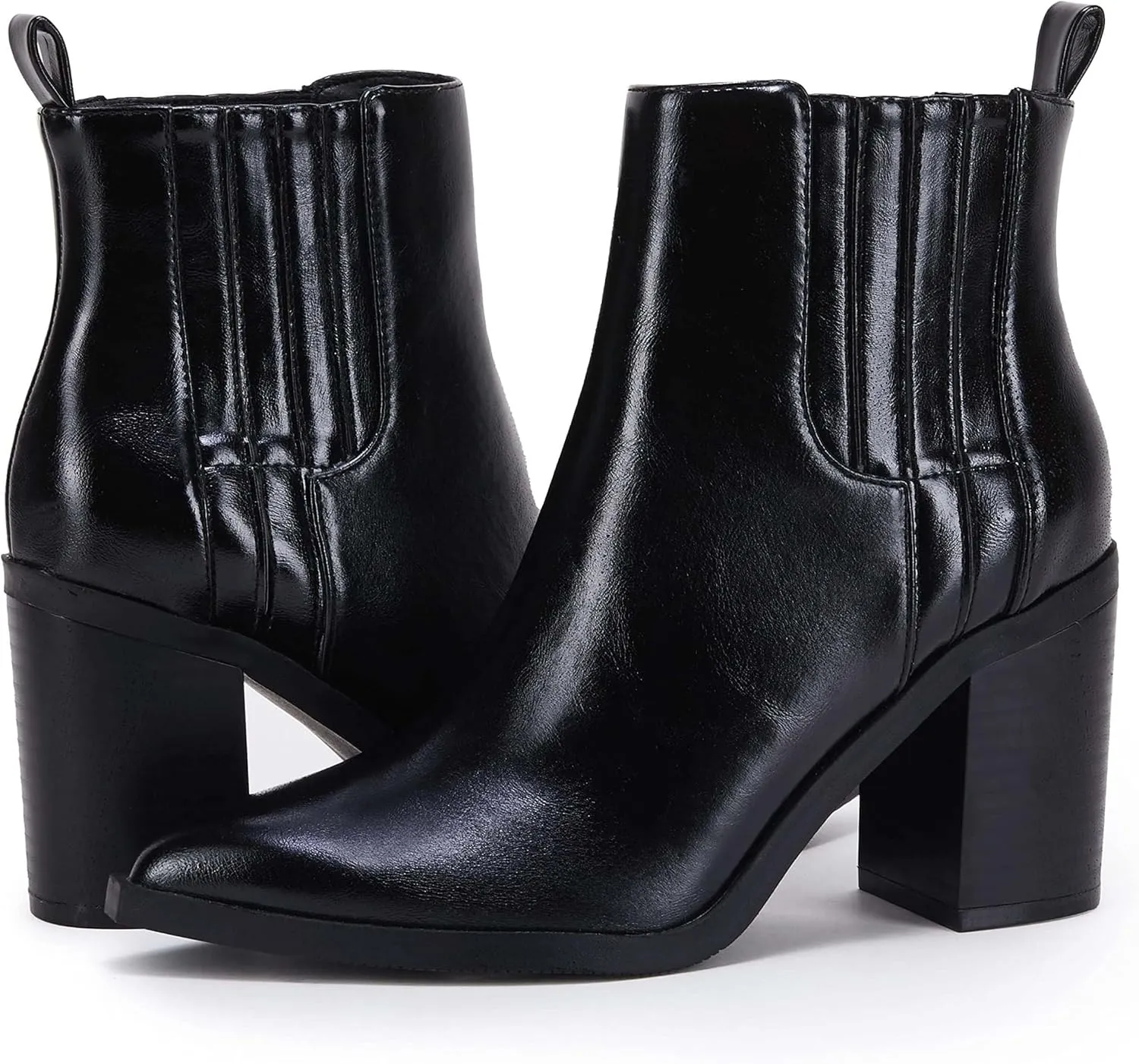Womens Ankle Boots Slip on Pointed Toe Chunky Block Mid Heel Leather Elastic Panel Casual Chelsea Western Booties
