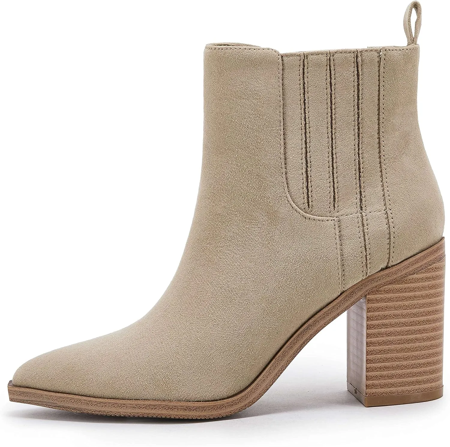 Womens Ankle Boots Slip on Pointed Toe Chunky Block Mid Heel Leather Elastic Panel Casual Chelsea Western Booties