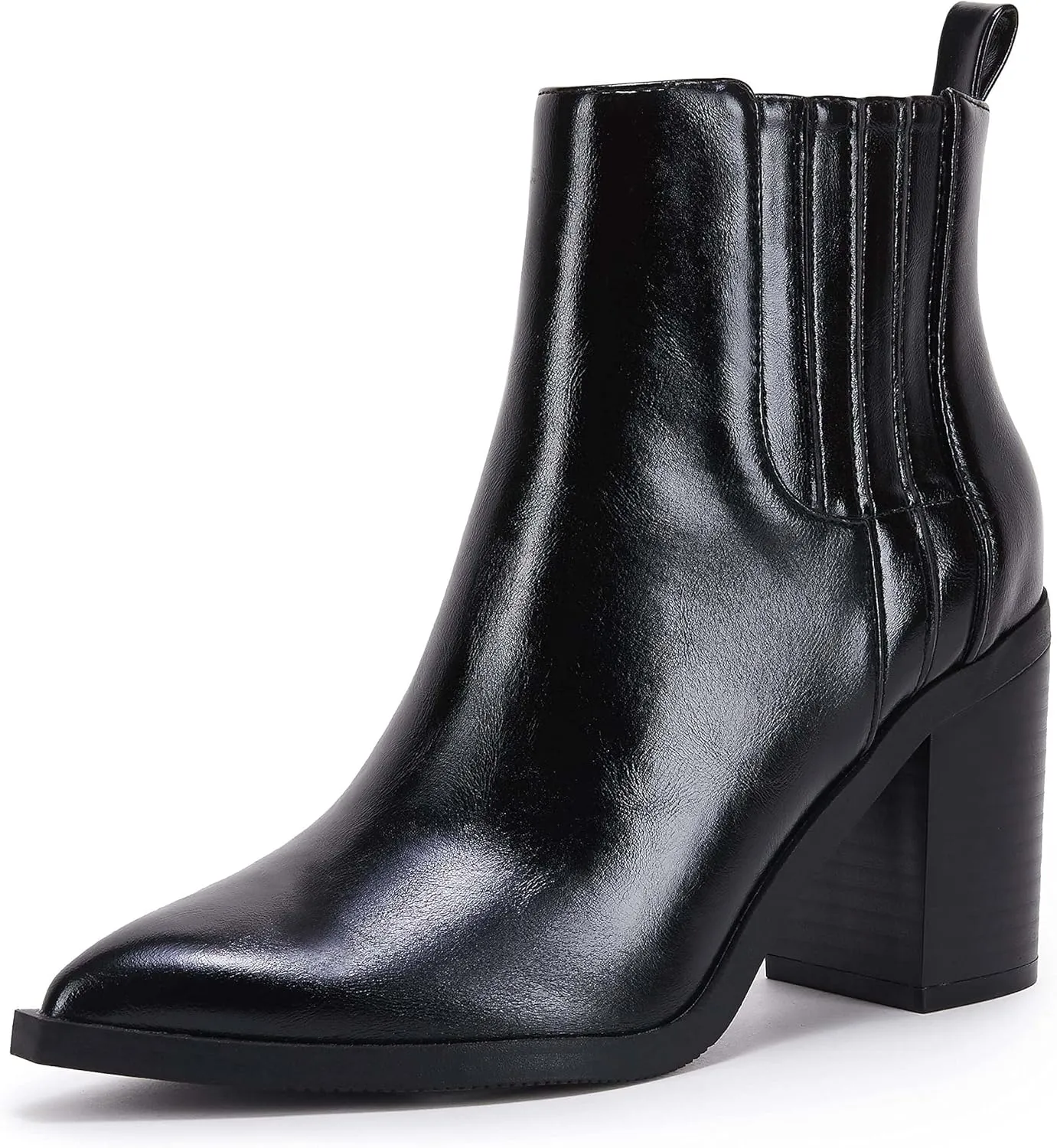 Womens Ankle Boots Slip on Pointed Toe Chunky Block Mid Heel Leather Elastic Panel Casual Chelsea Western Booties