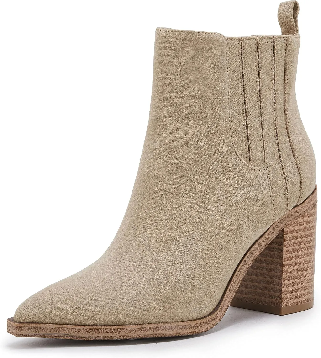 Womens Ankle Boots Slip on Pointed Toe Chunky Block Mid Heel Leather Elastic Panel Casual Chelsea Western Booties