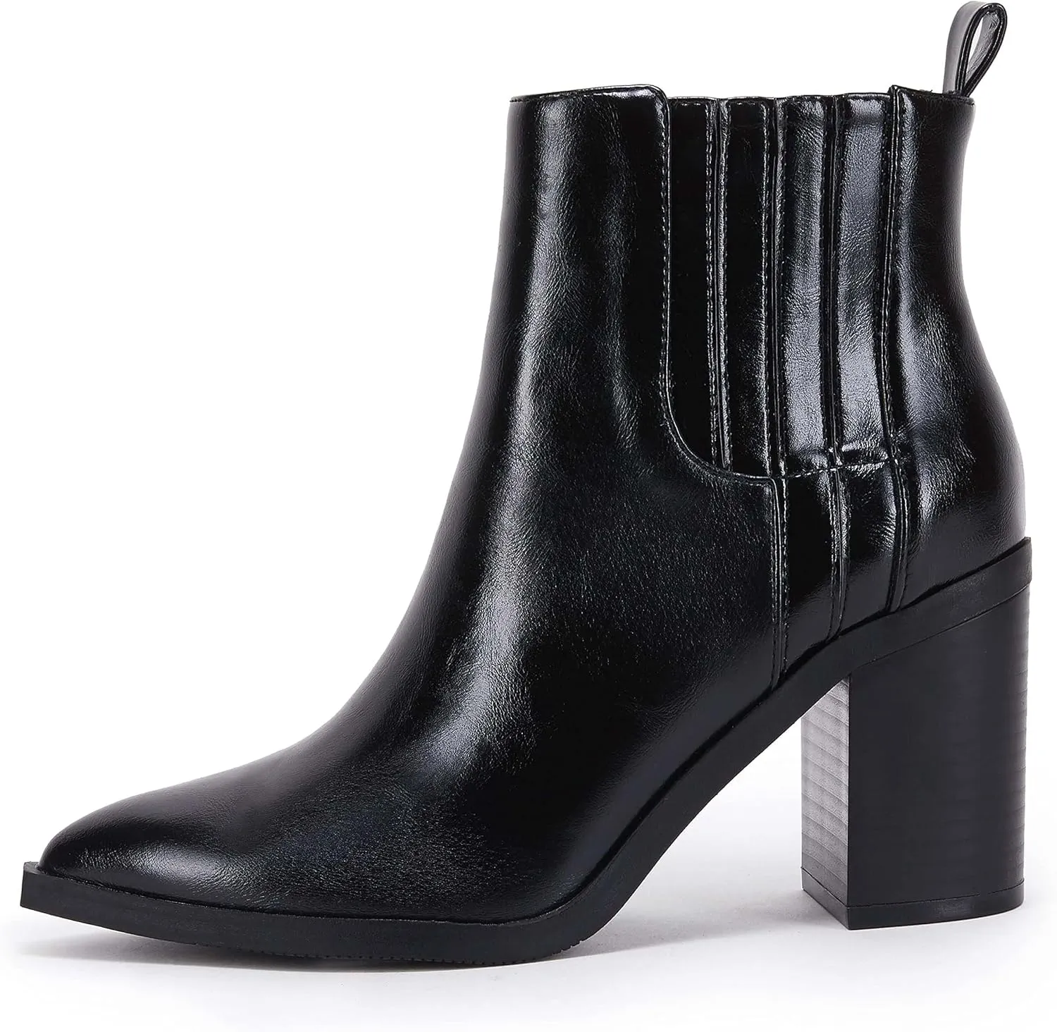 Womens Ankle Boots Slip on Pointed Toe Chunky Block Mid Heel Leather Elastic Panel Casual Chelsea Western Booties