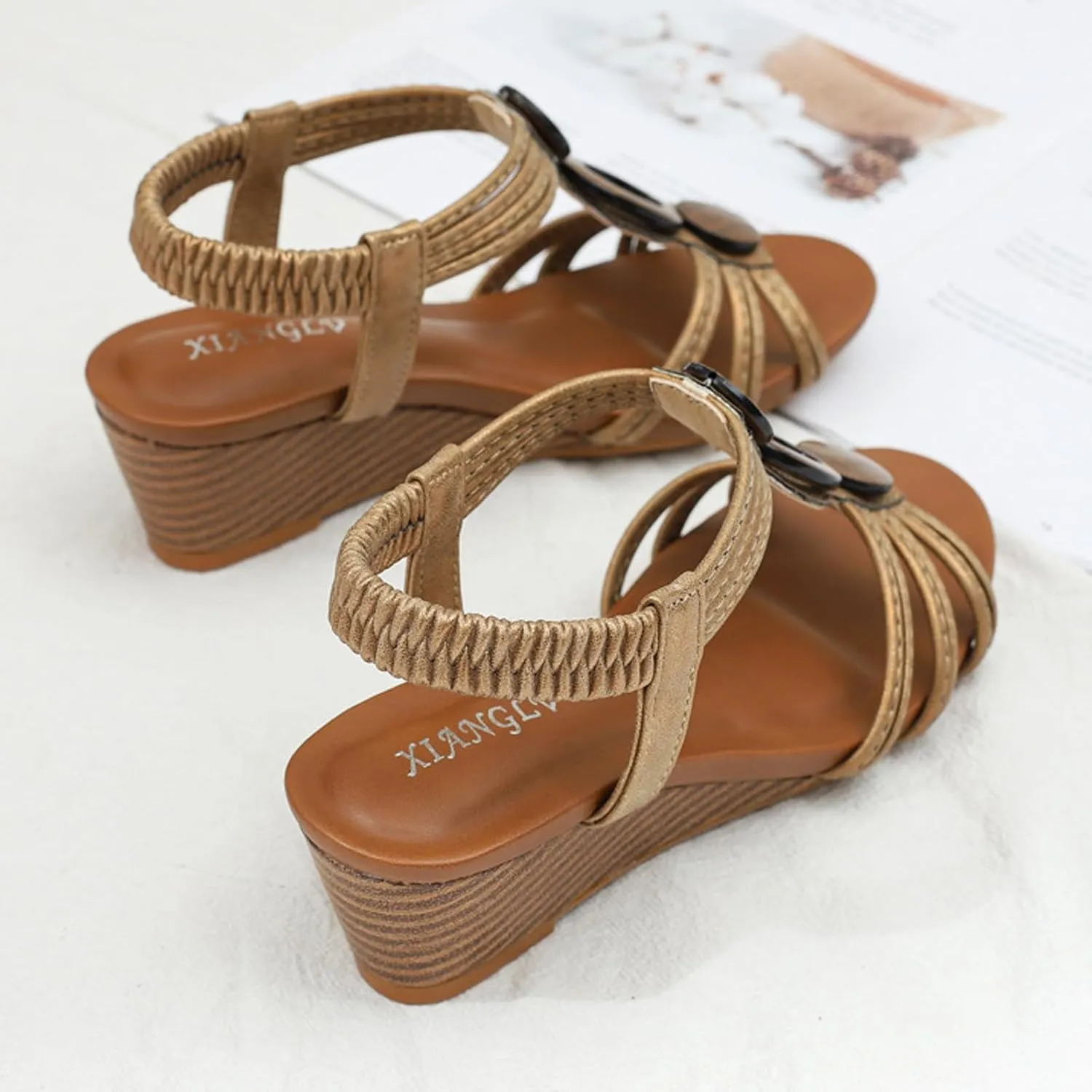 Women's Bohemian Retro Wedge Sandal High Elastic Ankle Strap Heels Strappy Durable Stylish Summer Sandals