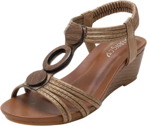 Women's Bohemian Retro Wedge Sandal High Elastic Ankle Strap Heels Strappy Durable Stylish Summer Sandals
