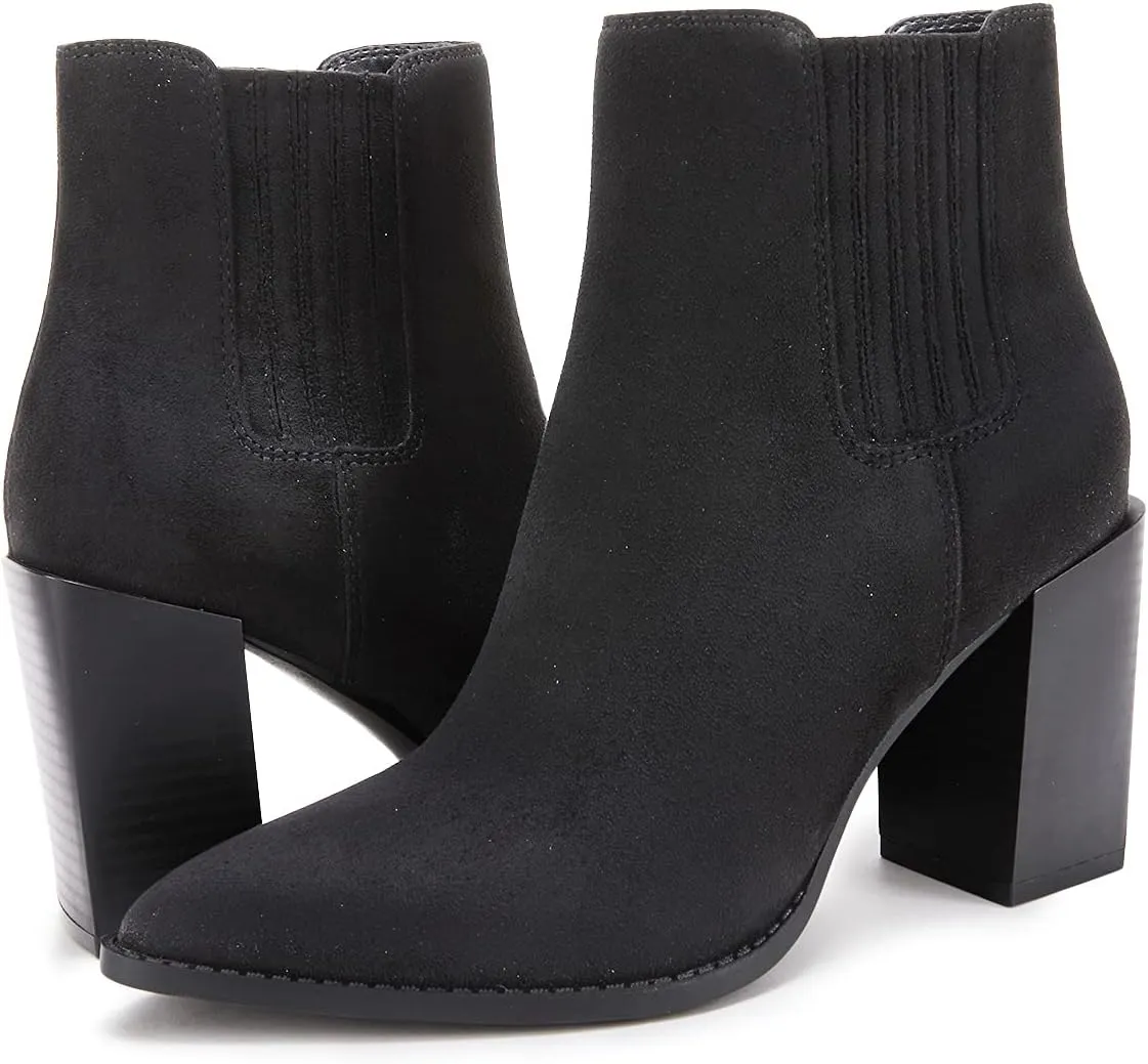 Womens Booties Pointed Toe Stacked Heel Fashion Chelsea Ankle Boots